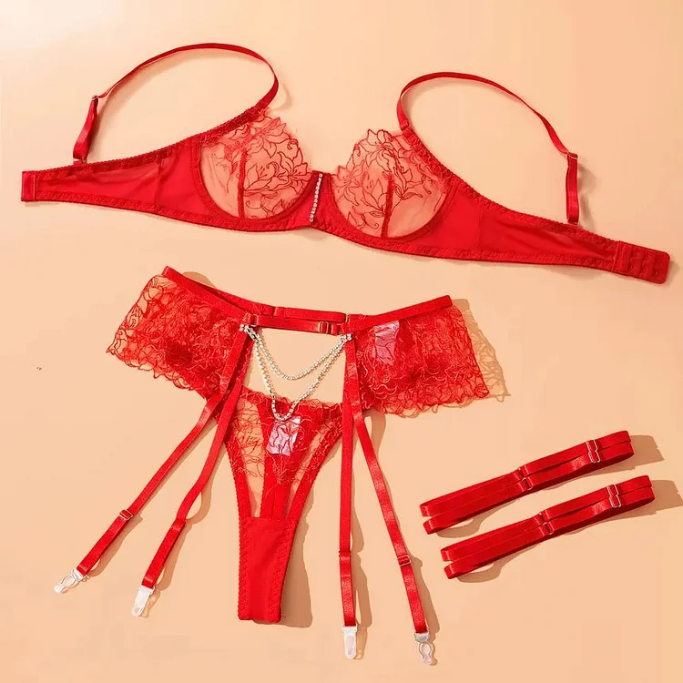 4-Piece Embroidered Mesh Lingerie Set 