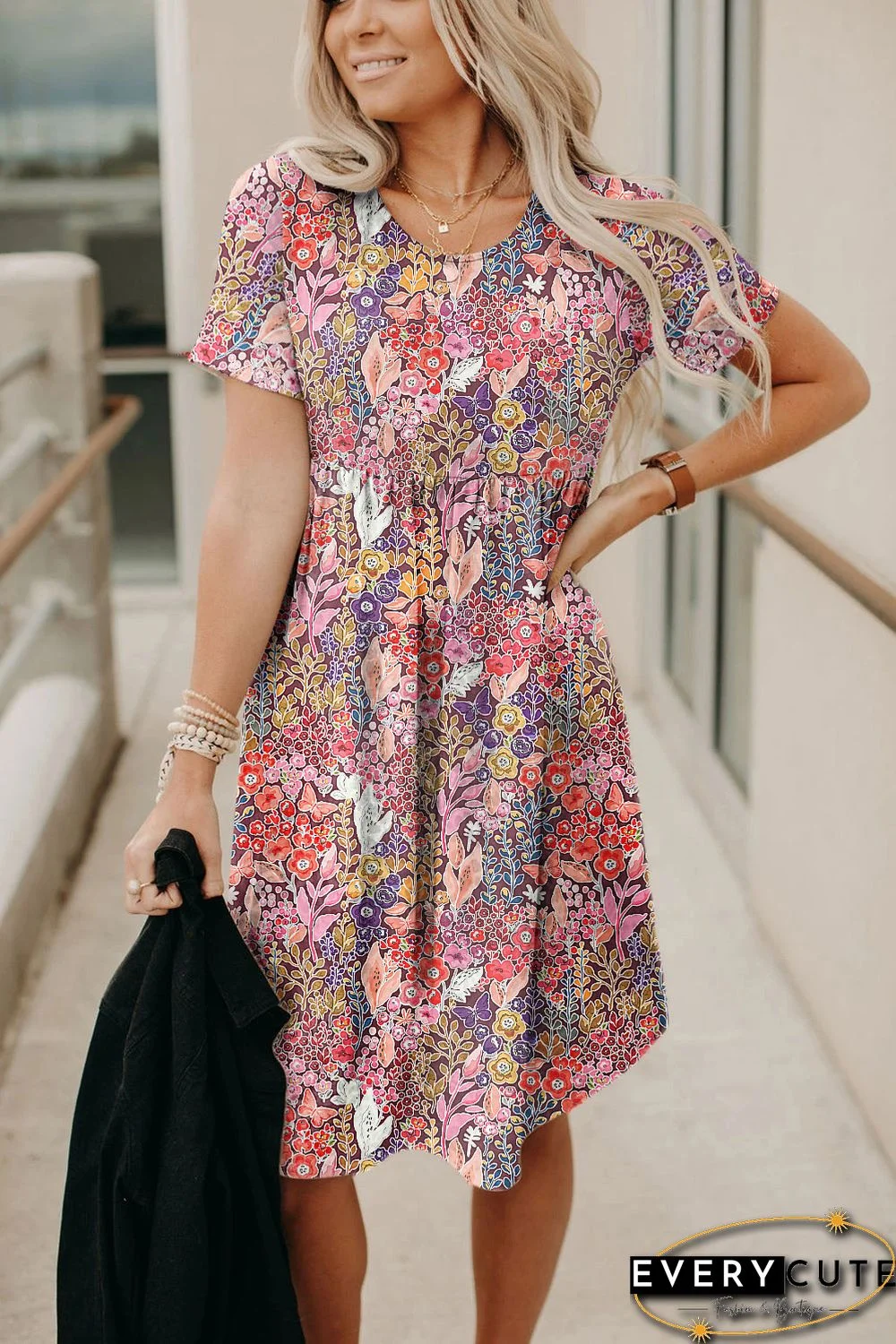 Floral Print Short Sleeve A-line Dress