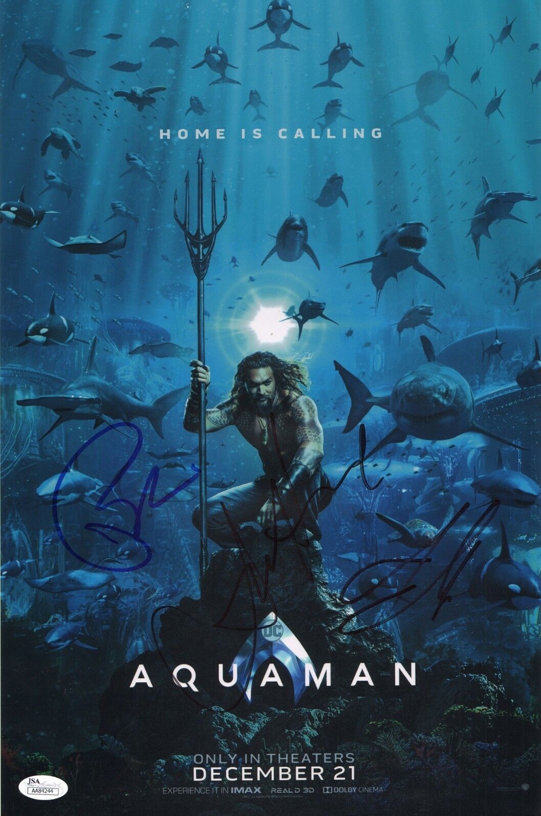 AQUAMAN Cast X3 Authentic Signed JASON MOMOA 11x17 Photo Poster painting (JSA COA)