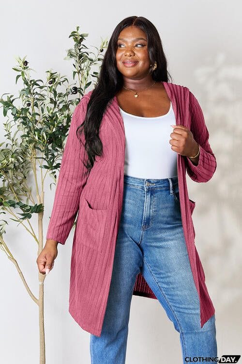 Basic Bae Full Size Ribbed Open Front Long Sleeve Cardigan