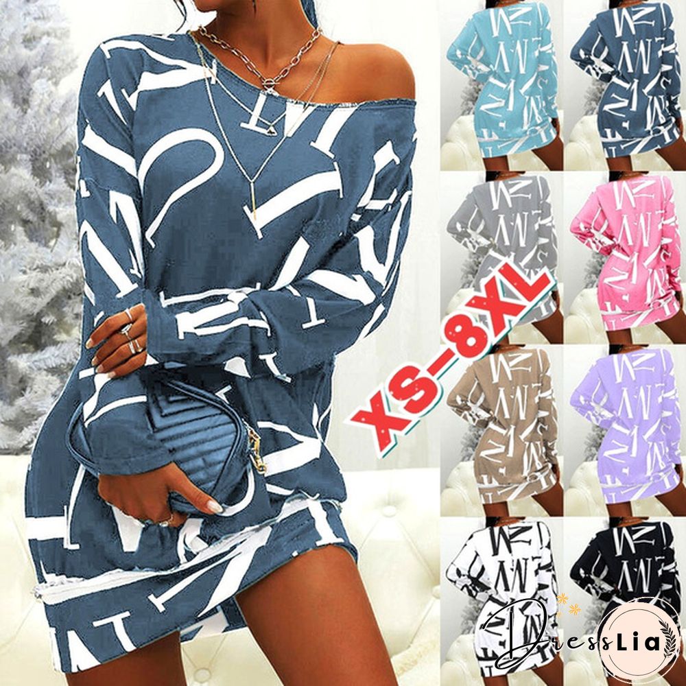 Xs-8Xl Autumn And Winter Dress Plus Size Clothes Women's Casual Long Sleeve T-Shirt Dresses Letter Printed Pullover Sweatshirt Dress Ladies O-Neck Loose Dress Off Shoulder Short Dress Mini Party Dress