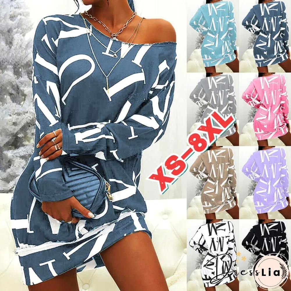 Xs-8Xl Autumn And Winter Dress Plus Size Clothes Women's Casual Long Sleeve T-Shirt Dresses Letter Printed Pullover Sweatshirt Dress Ladies O-Neck Loose Dress Off Shoulder Short Dress Mini Party Dress