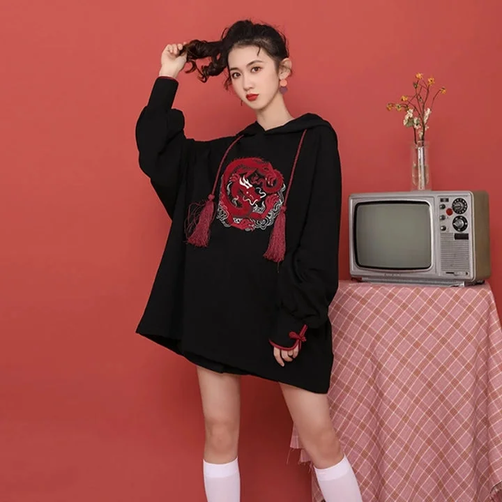 Rose Dragon Embroidery Tassels Hoodie Dress