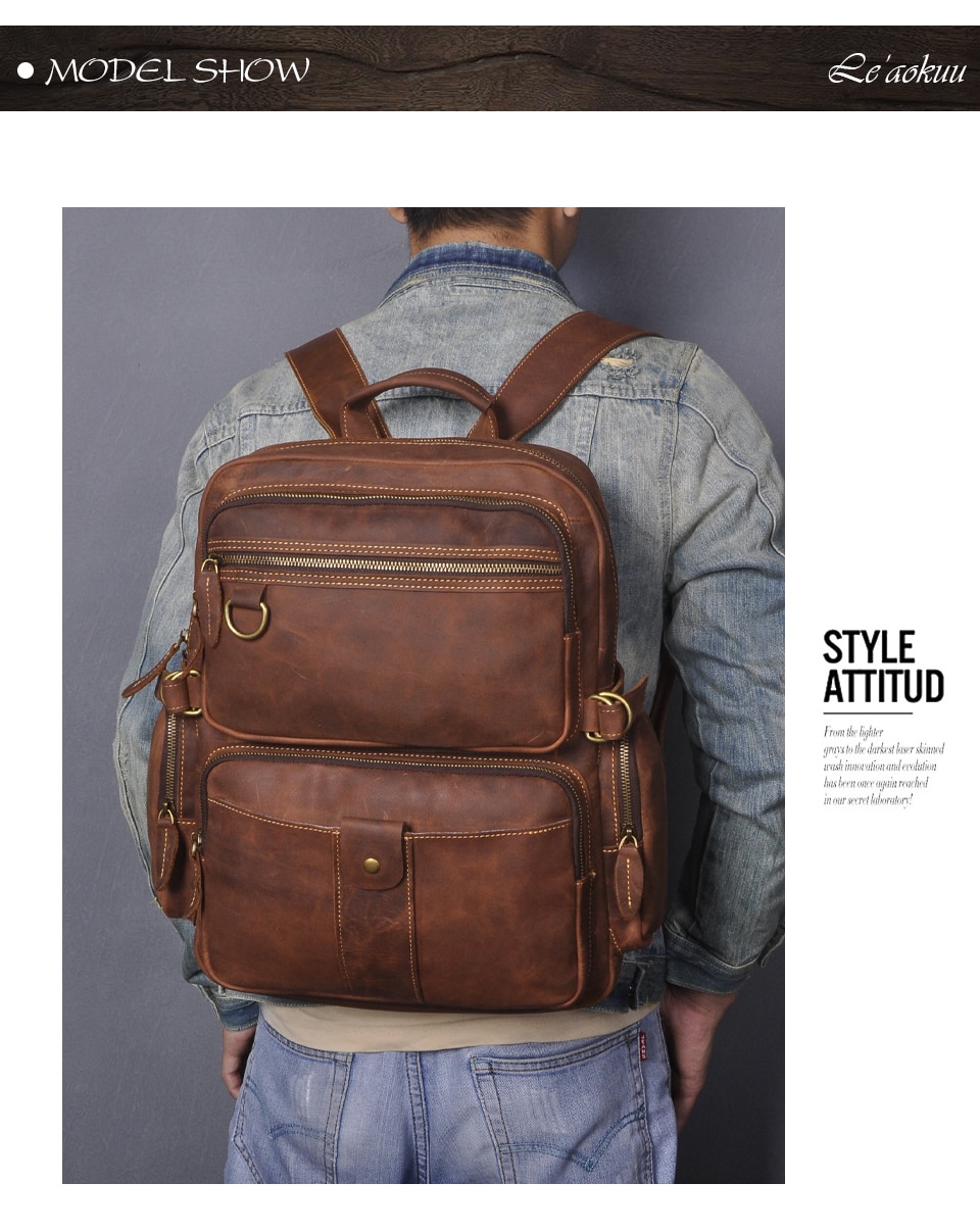 Model Show of Woosir Full Genuine Leather Daypack Collage Bookbag