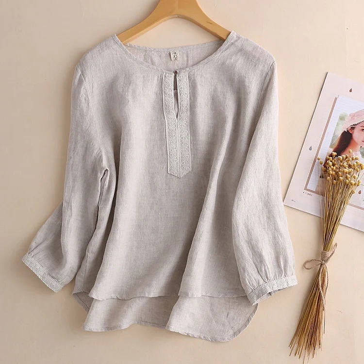 Women's Linen Blouse Solid Color Embroidery V-Neck Retro Vintage Blouse Shirts