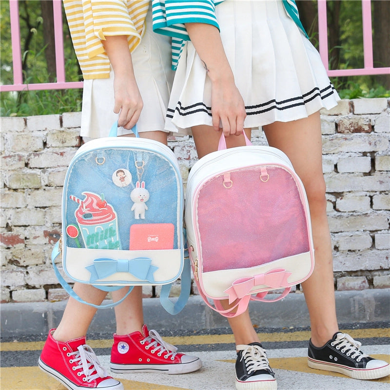 New Japanese Soft Girl Bow Cute Fresh Backpack Pain Bag Women’s College Student Schoolbag Transparent Bag