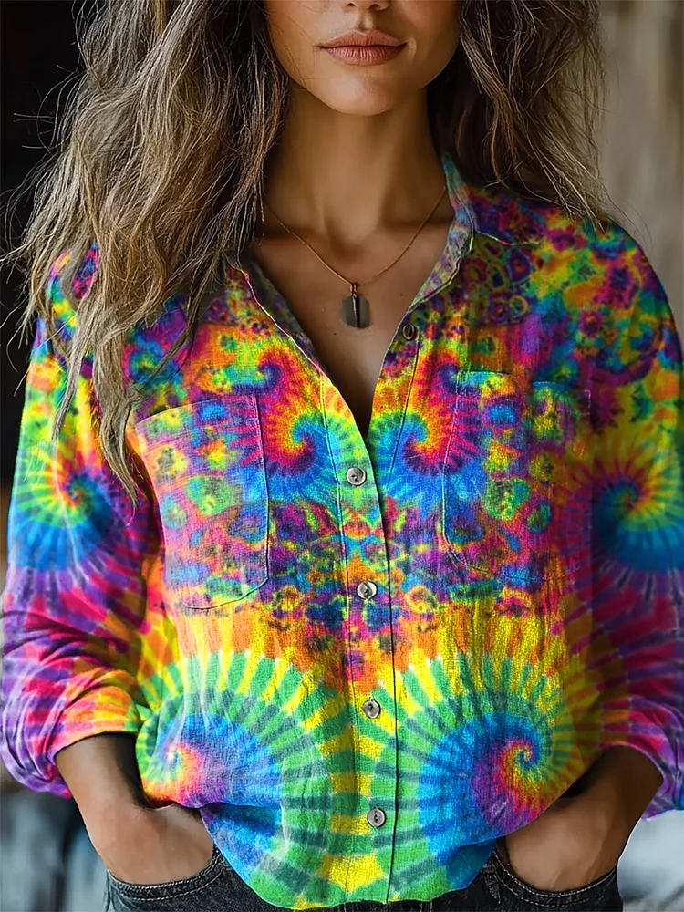 Women's Trippy Tie Dye Kaleidoscope Print Casual Long Sleeve Comfortable Cotton Shirt