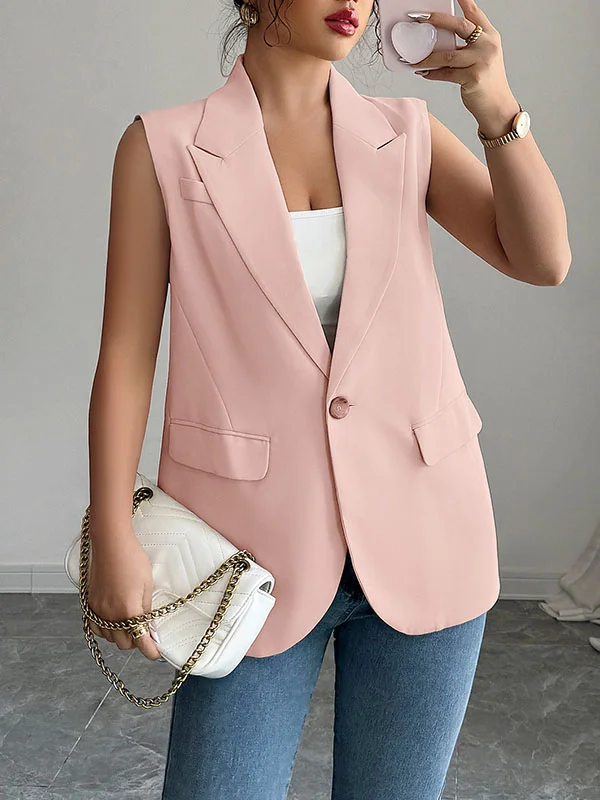 Pockets Buttoned Sleeveless Loose Notched Collar Vest Top Blazer
