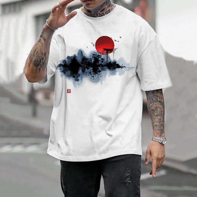 Japanese Art Torii Sun Landscape Art Ink Painting Print Cozy 100% Cotton Short Sleeve T-Shirt