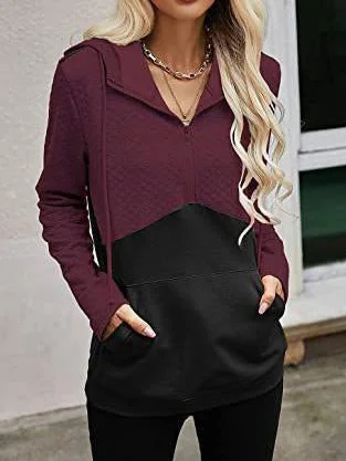 Women's Stitching Hooded Zippe Long Sleeve V-neck Tops