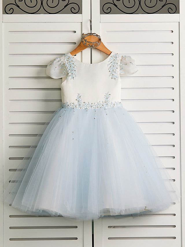 Oknass Cap Sleeve Jewel Neck Flower Girl Dresses  Satin Tulle  With Beading