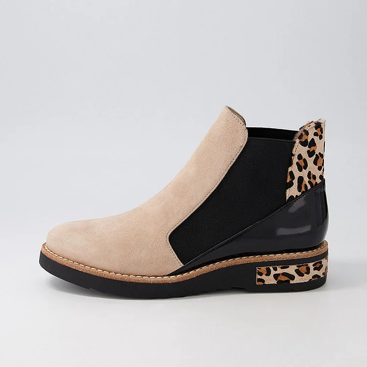 FSJ Khaki Vegan Suede Round Toe Leopard Print Chelsea Boots |FSJ Shoes