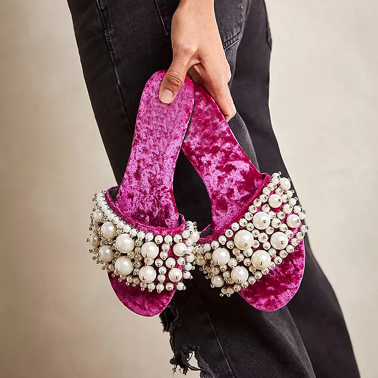Fuchsia Open Toe Mule Sandal Women's Pearls Shoes Velvet Flats |FSJ Shoes