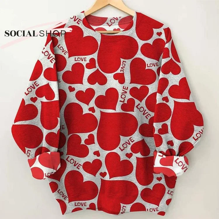 Women's Red Love Print Round Neck Sweatshirt socialshop