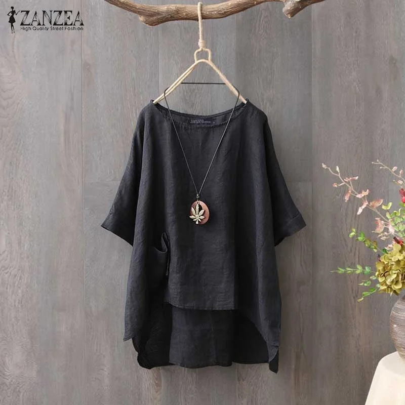 ZANZEA Summer Half Sleeve Cotton Linen Blouse Women Tunic Tops Casual Loose Vintage Blusas Femininas  Solid Work Shirt