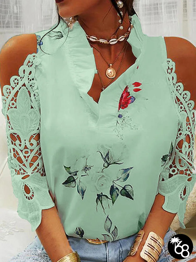 Women's Polyester Ruffle Neck Patchwork Pattern Casual Wear Blouse | 168DEAL