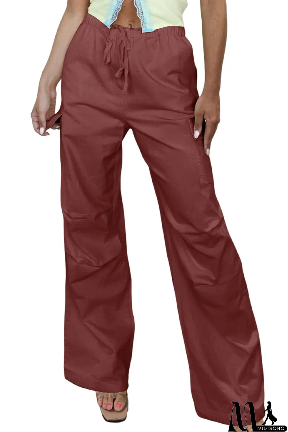 MidiSono - Mineral Red Solid Color Drawstring Waist Wide Leg Cargo Pants
