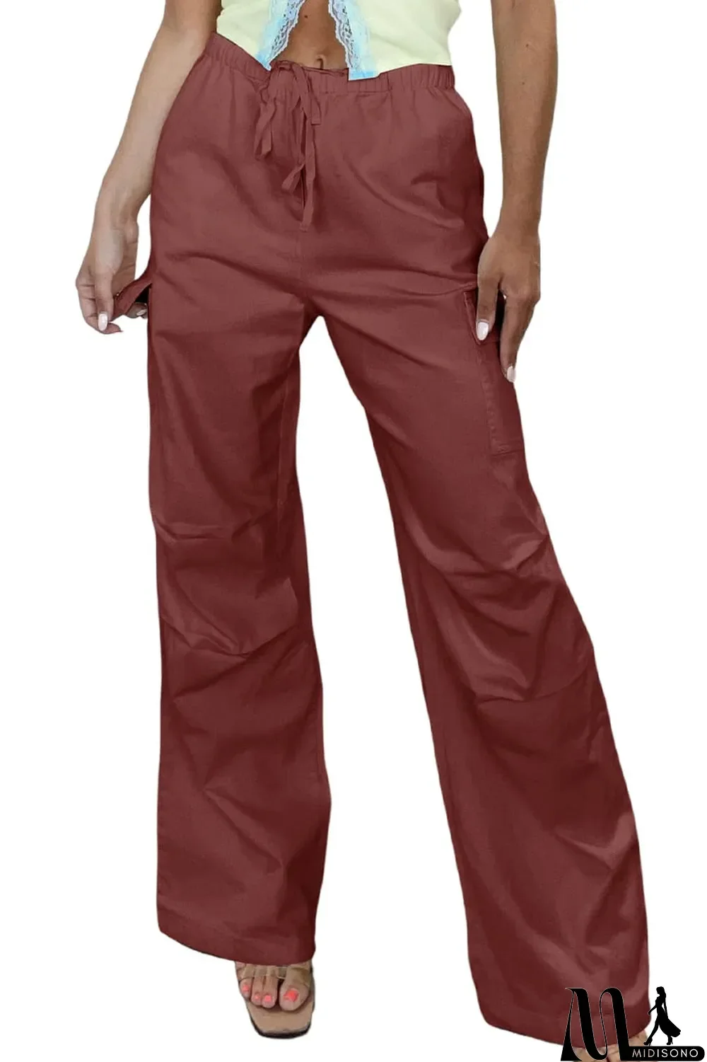 MidiSono - Mineral Red Solid Color Drawstring Waist Wide Leg Cargo Pants