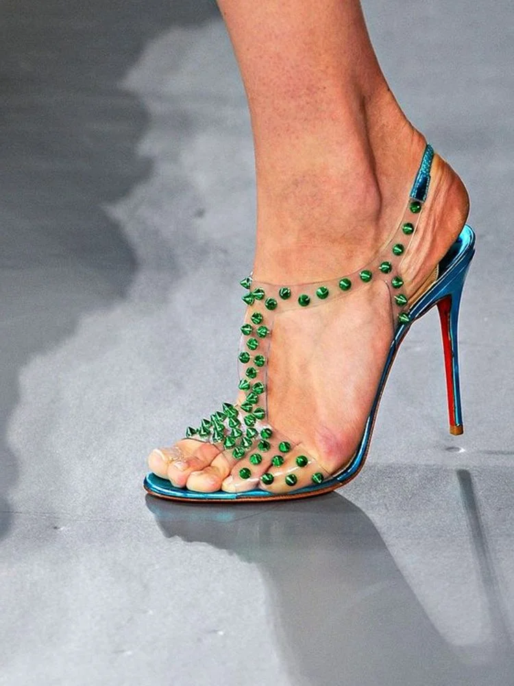 Green Rivet Clear PVC Sandals Open Toe Ankle Strap Thin High Heel Dress Shoes Stiletto Heel Ankle Buckle Runway Shoes