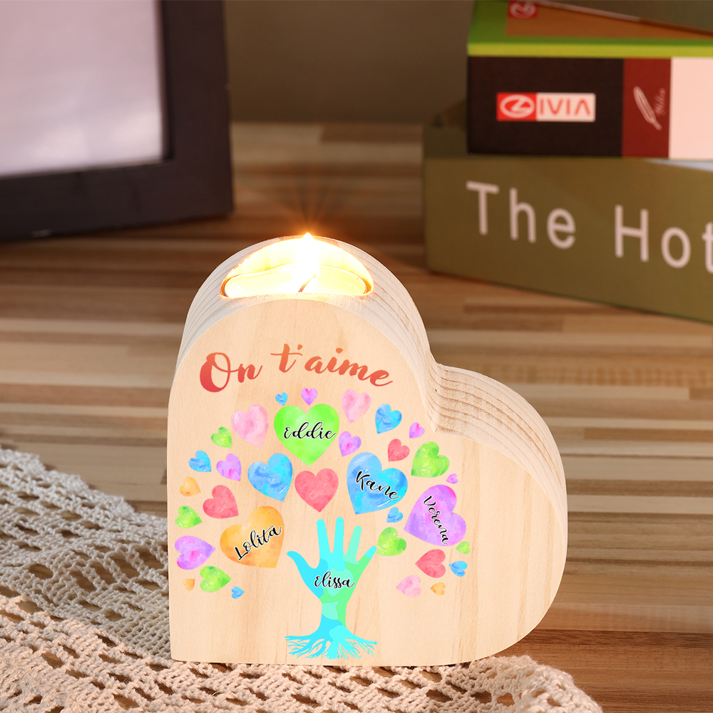  Bougeoir en Bois 5 Prénoms Personnalisés avec Texte sans bougie pour Famille