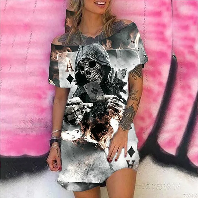 Skull Floral Print Casual Short-sleeved Dress-Mayoulove