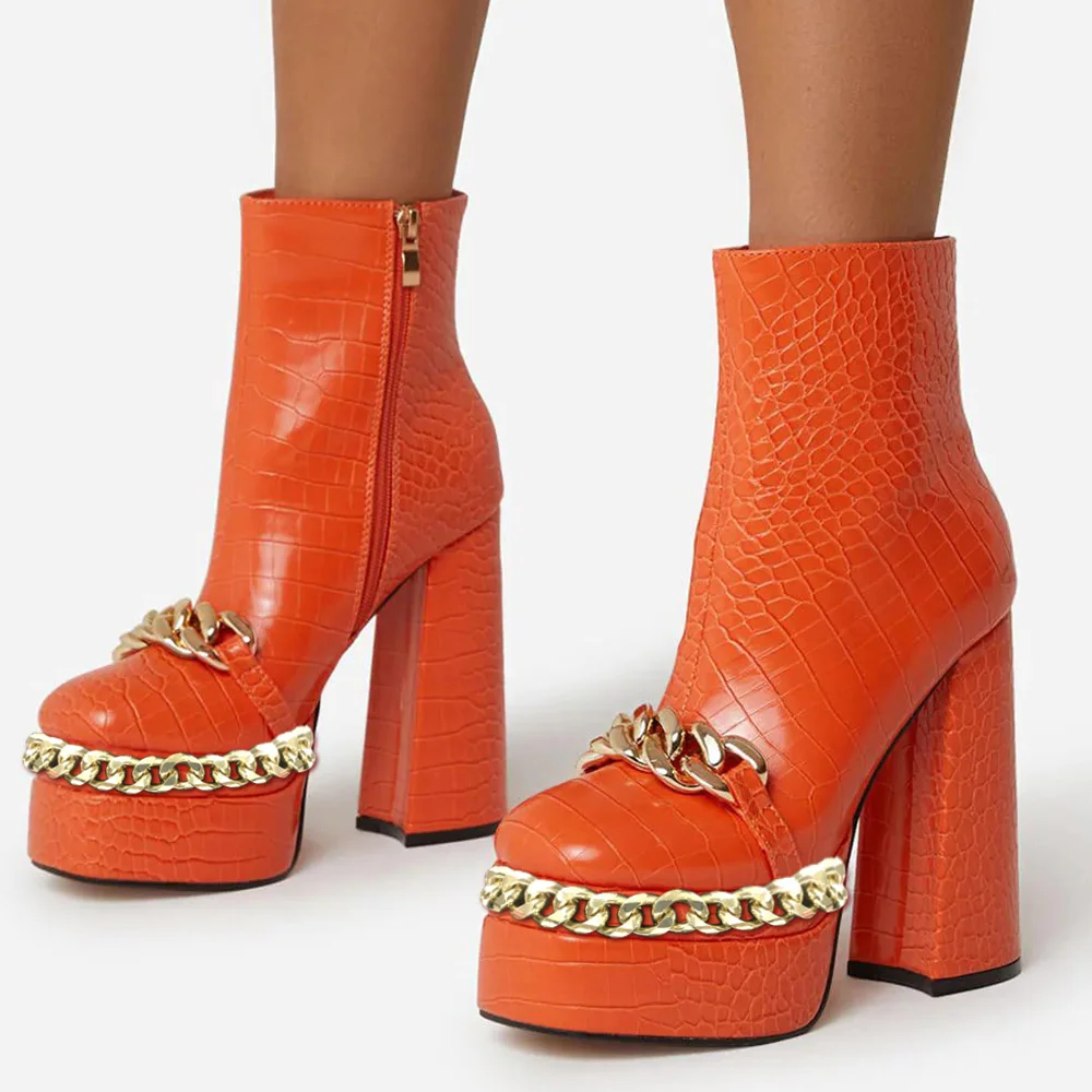 Orange Chunky High Heel Platform Ankle Boots