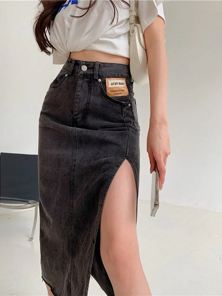 Sonicelife 2023 Autumn New Fall Outfits Maxi Jeans Skirt Women Denim Long Skirts Female Long Korean Summer Vintage Maxi Skirt  Side Split Denim Skirt