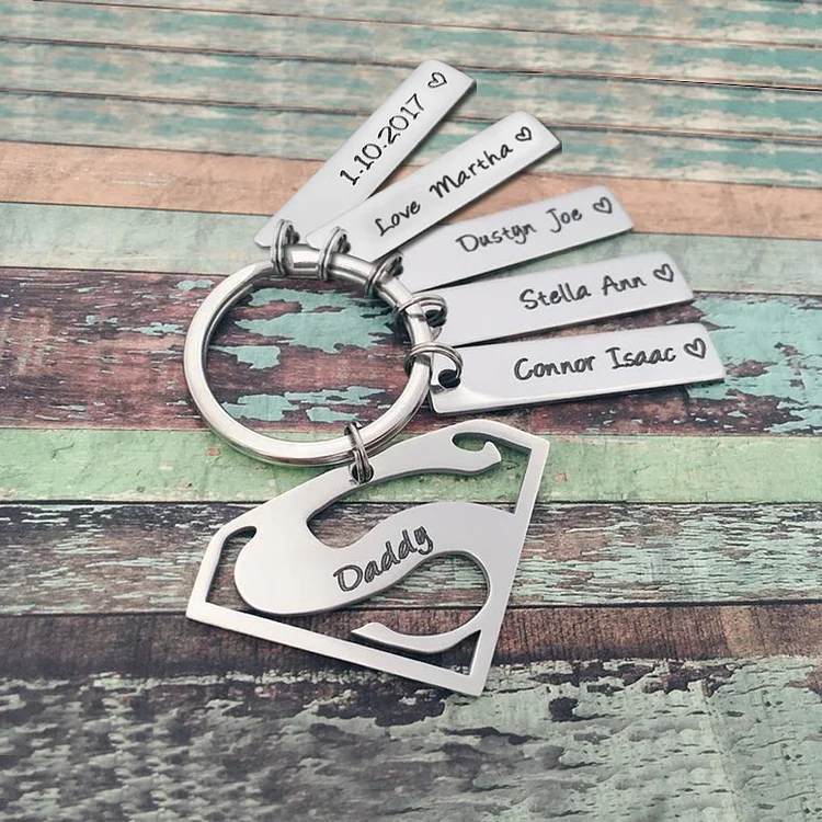 Personalised Custom 5 Names keychain-Superman Daddy Keychain Gift