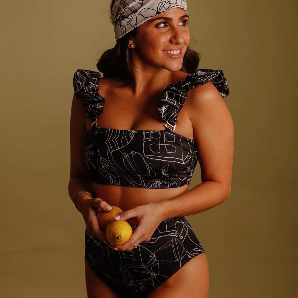 2021 New Sexy High Waist Bikini Set Bandeau Swimwear Women Print Floral Ruffle Bandage Swimsuit Bathing Suit Beach Wear biquini