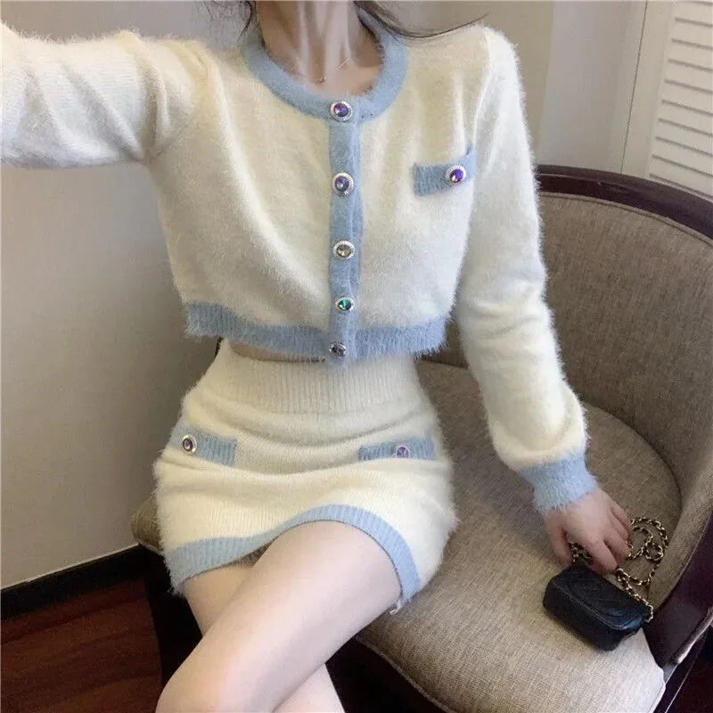Budgetg Sweet Hit Color O-neck Single-breasted Cropped Sweater+skirt Womens Two Peice Sets Autumn Sexy Streetwear Loose Sweaters