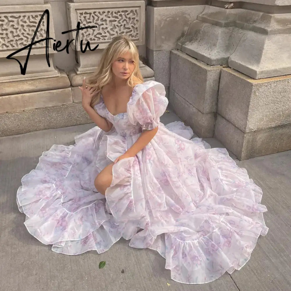 Aiertu Serendipity A-Line Chiifon Floral Ruffles Evening Dress Square Collar Elegant Custom Made Homecoming Prom Gown For Women 2024 Aiertu