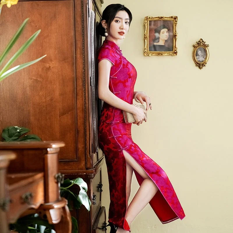 19 mome mulberry silk, floral pattern, high-end long Qipao
