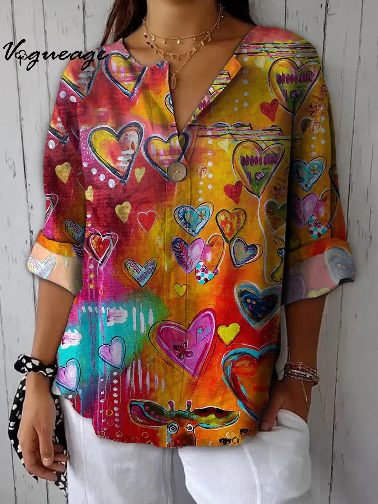 Bright Gentle And Fashionable Love Printed Cotton And Linen Shirt