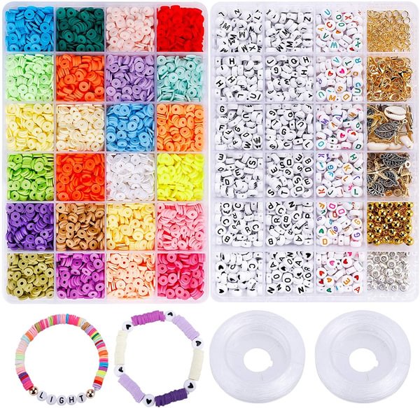 6000pcs Clay Heishi Beads with Letter Beads for Bracelets, 24 Colors 6mm Flat Polymer Clay Spacer Beads with Elastic String and Pendant and Jump Rings, Jewelry Making Necklace Bracelet Kit - Shop Trendy Women's Fashion | TeeYours