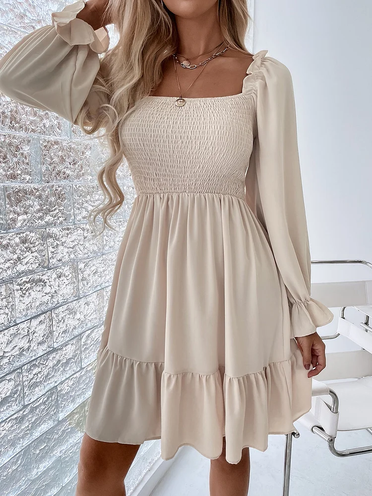 Elegant Women's Square Neck Ruffle High Waist Solid Pleated A-Line Mini Dress