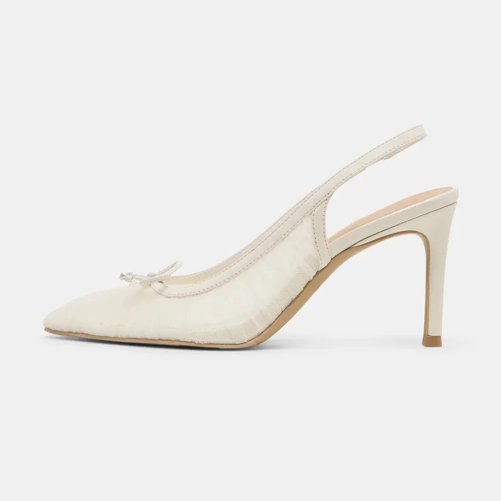White Mesh Pointed Toe Bow Decor Stiletto Heel Slingback Pumps
