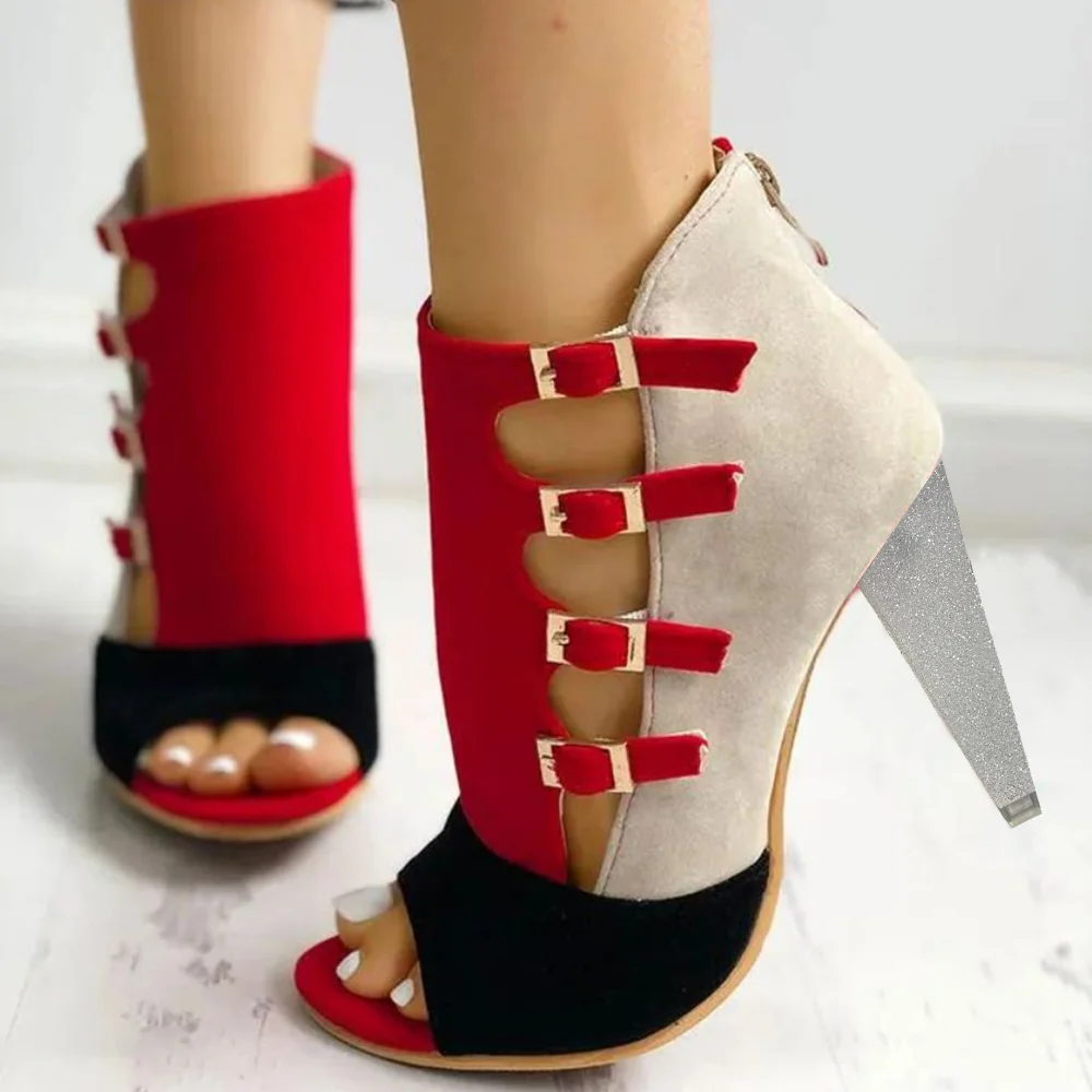 Multicolor Colorblock Suede Ankle Boots With Pointed Open Toe Cone Heels Nicepairs