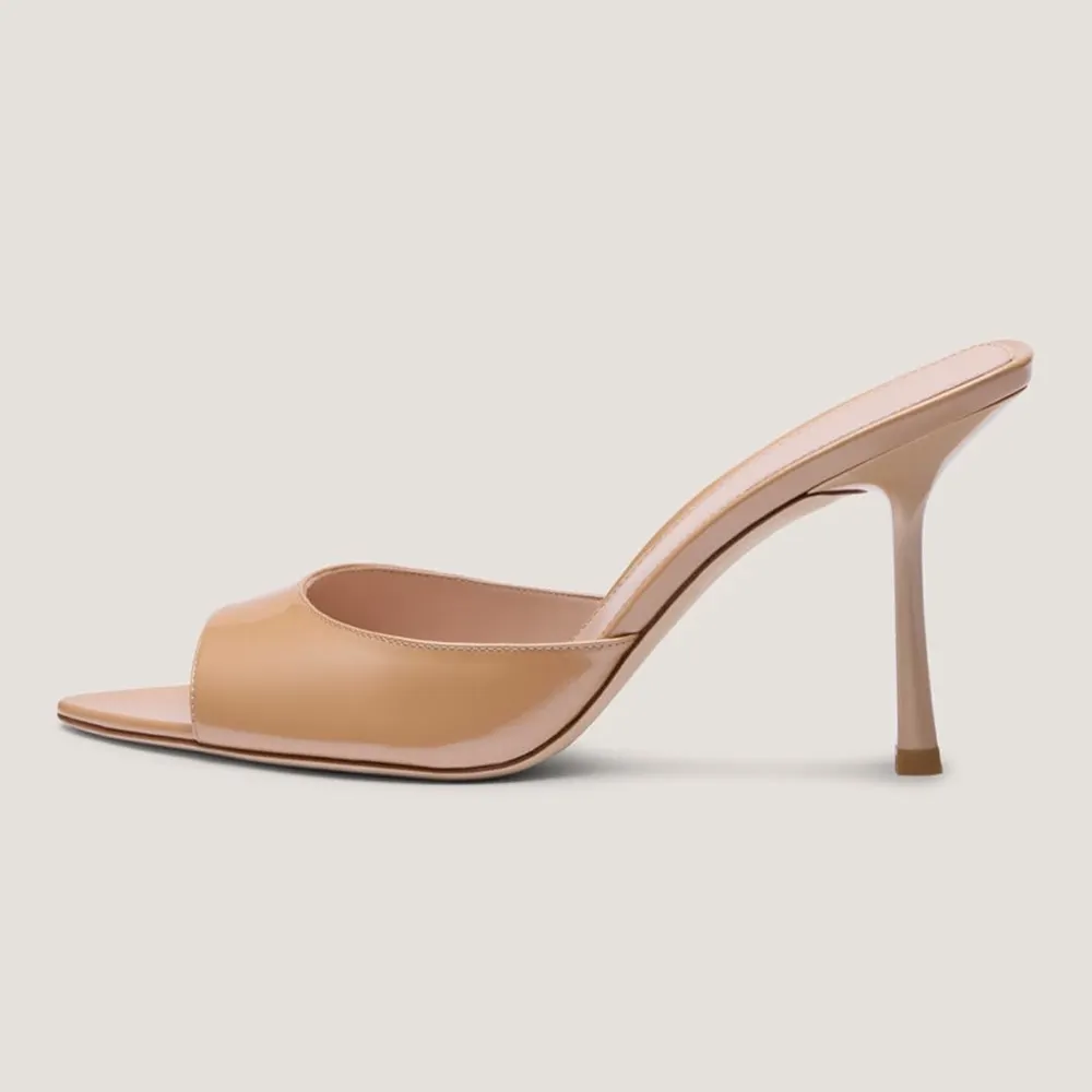 Patent Leather Slip On Open Toe Stiletto Heel Nude Sandals