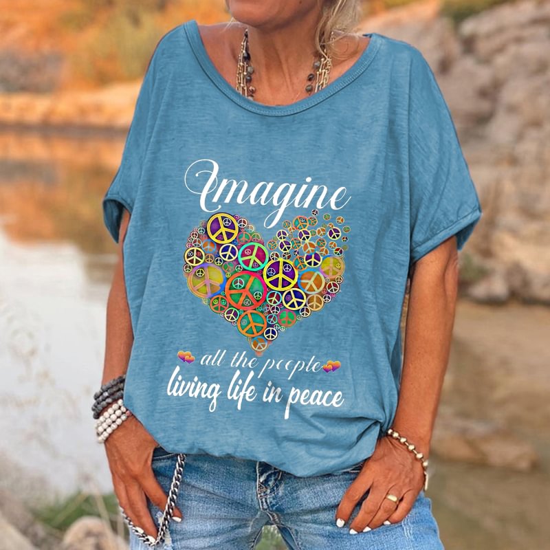 Imagine All The People Living Life In Peace Printed Hippie T-shirt