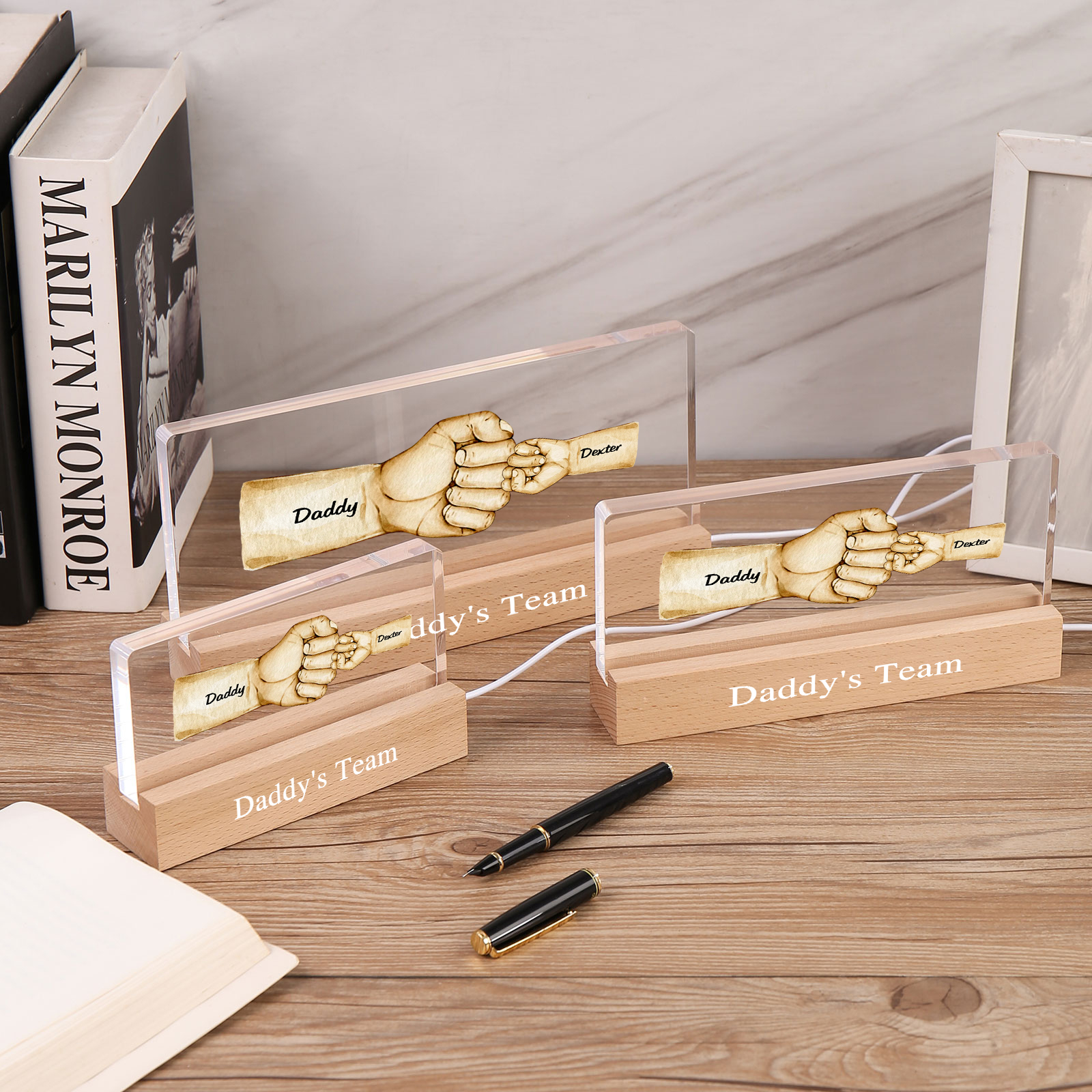 2 Names - Personalised Fist Bump Pattern Table Lamp Customized Text Father's Day Gift for Dad