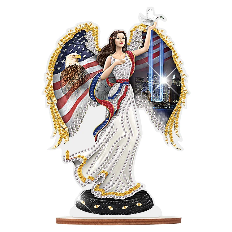 Wooden American Flag Angel Diamond Painting Desktop Ornaments Kit Decoration
