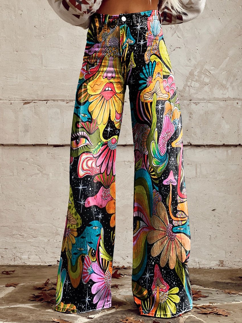Women's Vintage Abstract Flower Art Print Casual Wide Leg Pants