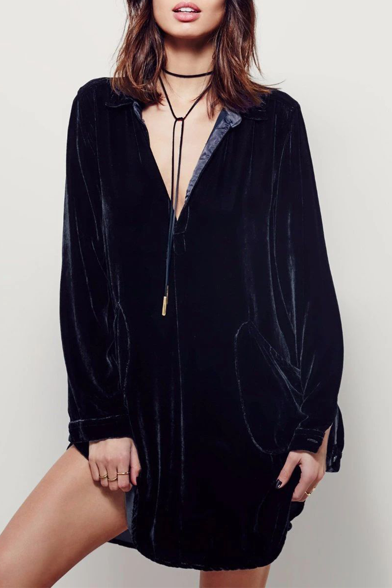 Fashion Casual Solid Split Joint Pocket Turndown Collar Shirt Dress Dresses(3 Colors)