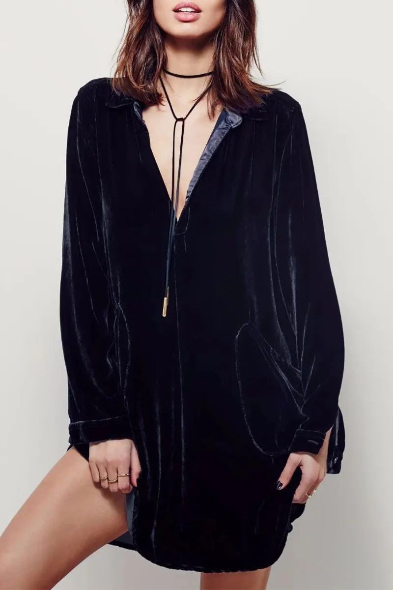 Fashion Casual Solid Split Joint Pocket Turndown Collar Shirt Dress Dresses(3 Colors)