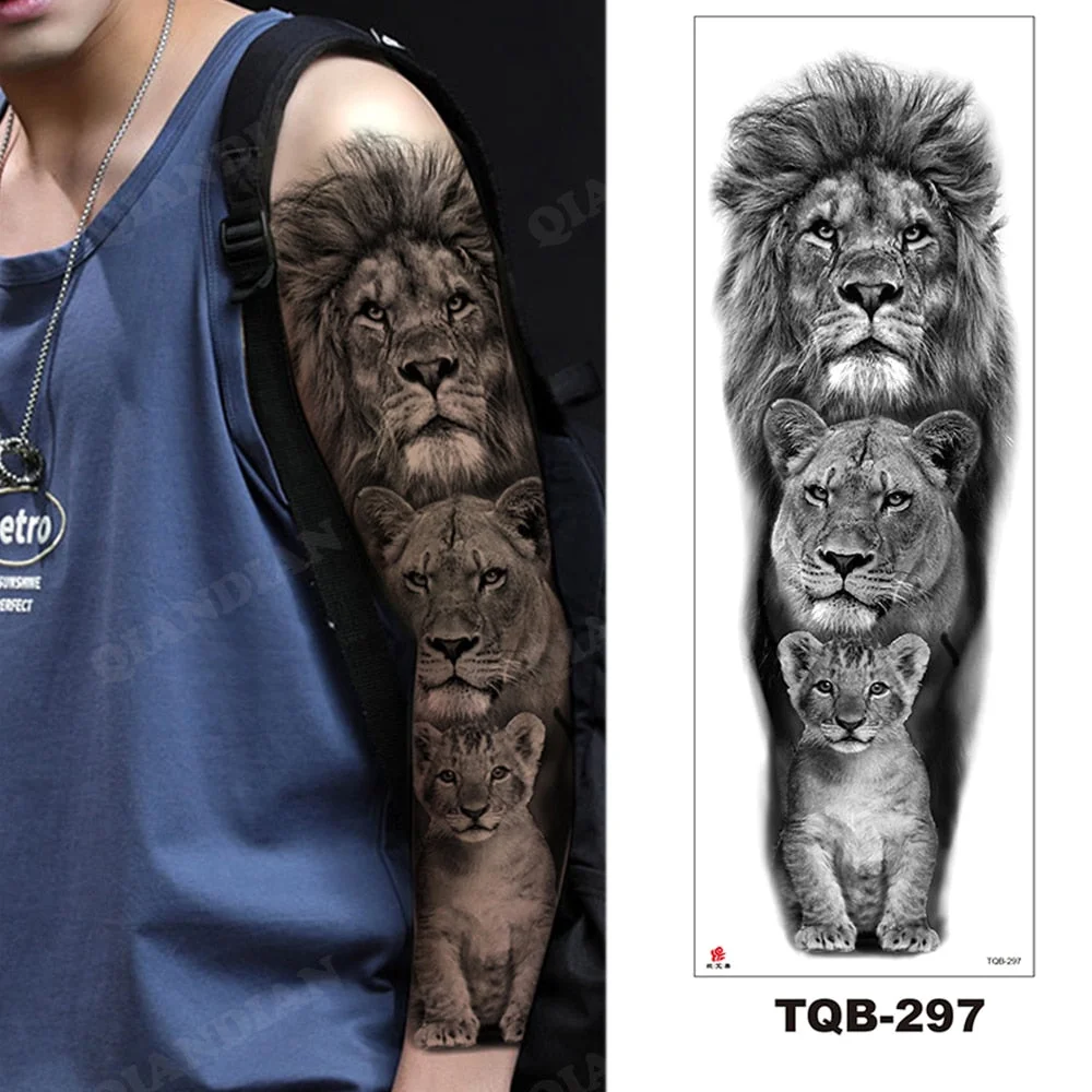 Full Arm Temporary Tattoo Wolf Lion Fish Horns Geometric Man Body Leg Rose Flower Phoenix Waterproof Sticker Cool Women Tatoo