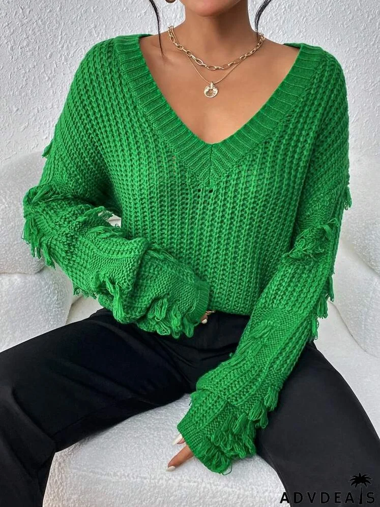 Fringe Trim Drop Shoulder Sweater