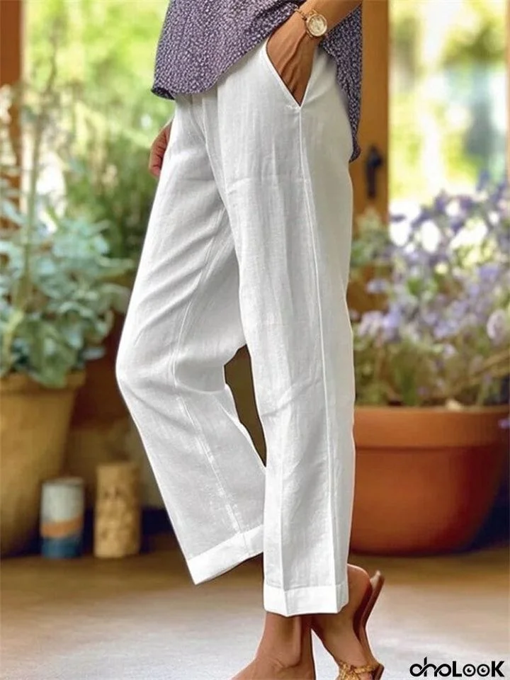 Plain Comfortable Linen Blend Summer Pants for Women