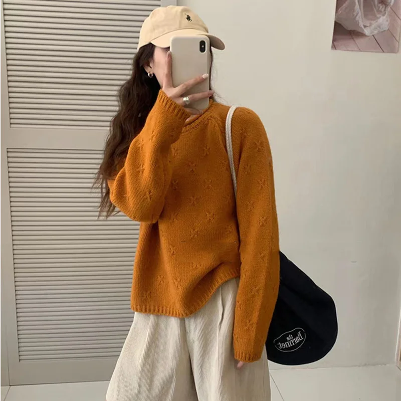 Churchf Churchf Color Restoring Ancient Ways Hook Flower Sweater Female Autumn Dong New Loose Lazy Wind Inserted Shoulder Sleeve Gentle Round Collar Sleeve Knitting
