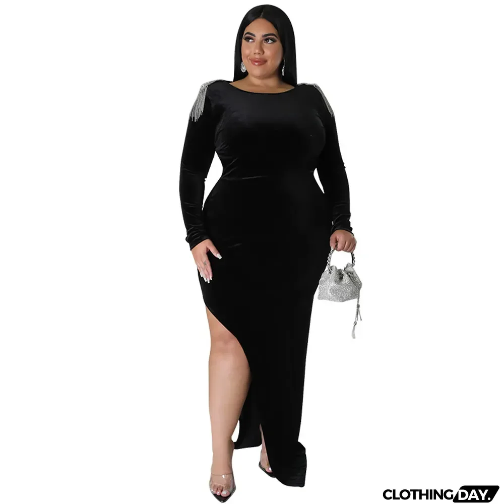 Plus Size Women'S Solid Velvet Tassels Long Sleeve Back Cutout Long Dress