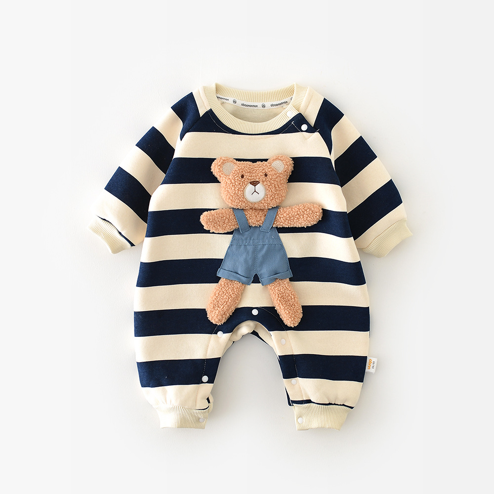 Baby Boy/Girl Crewneck Stripe and Embroideried Bear Long Sleeve Snap Romper